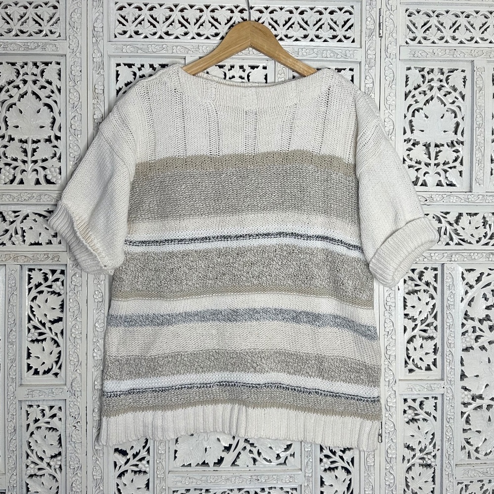 Vintage Liz‎ Claiborne Neutral Earthy Chunky Knit Striped Short Sleeve Sweater